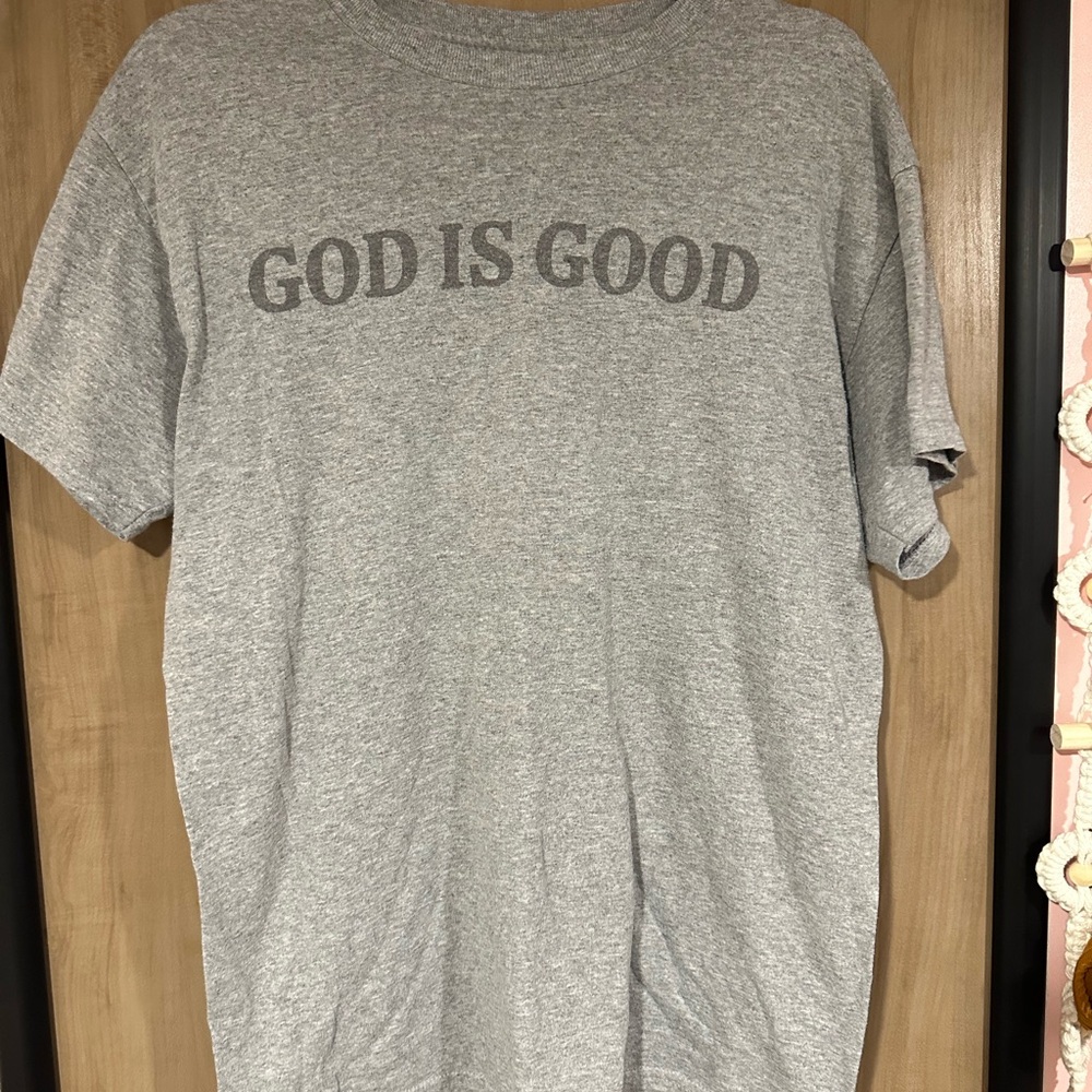 Gray Graphic T-Shirt with 'God Is Good' Print
